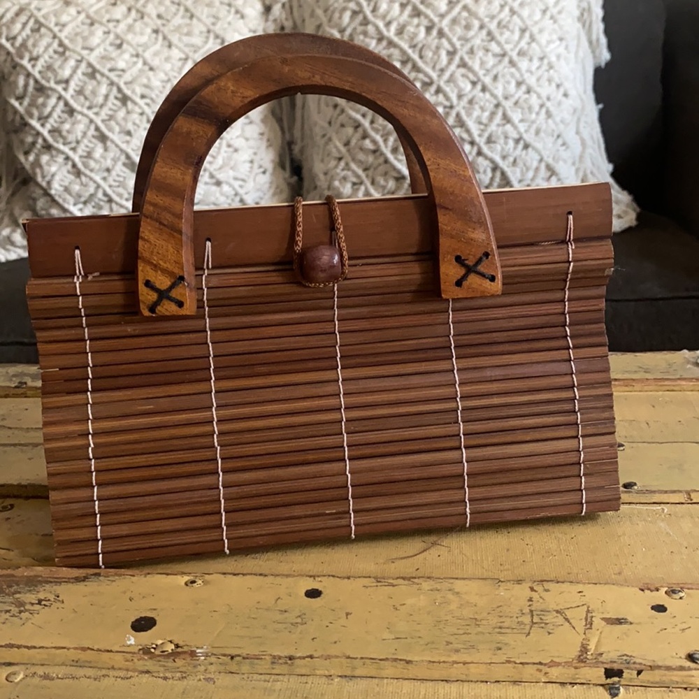 VINTAGE BALI HANDMADE BOHO WOODEN MINI BAG HANDBAG ON TREND